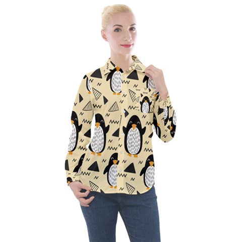 Hand Drawn Penguin Doodle Pattern Women s Long Sleeve Pocket Shirt by Vaneshart