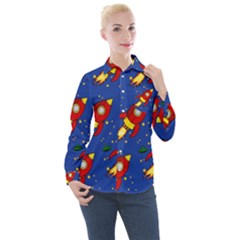 Space Rocket Pattern Women s Long Sleeve Pocket Shirt