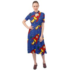 Space Rocket Pattern Keyhole Neckline Chiffon Dress