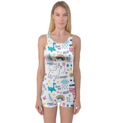 Colorful Doodle Animals Words Pattern One Piece Boyleg Swimsuit by Vaneshart