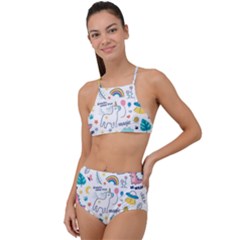 Colorful Doodle Animals Words Pattern High Waist Tankini Set