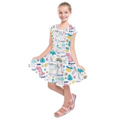 Colorful Doodle Animals Words Pattern Kids  Short Sleeve Dress