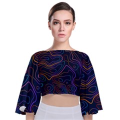Topographic Colorful Contour Illustration Background Tie Back Butterfly Sleeve Chiffon Top by Vaneshart