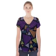 Abstract Pattern Design Various Striped Triangles Decoration Short Sleeve Front Detail Top