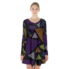 Abstract Pattern Design Various Striped Triangles Decoration Long Sleeve Velvet V-neck Dress