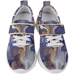 Cobalt Blue Silver Orange Wavy Lines Abstract Kids  Velcro Strap Shoes by CrypticFragmentsDesign