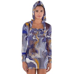 Cobalt Blue Silver Orange Wavy Lines Abstract Long Sleeve Hooded T-shirt by CrypticFragmentsDesign
