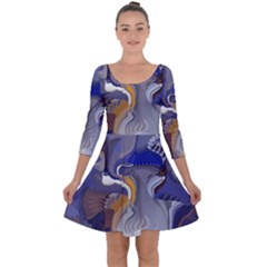 Cobalt Blue Silver Orange Wavy Lines Abstract Quarter Sleeve Skater Dress by CrypticFragmentsDesign