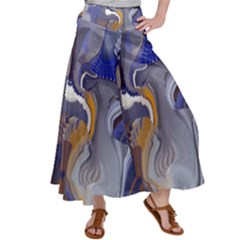 Cobalt Blue Silver Orange Wavy Lines Abstract Satin Palazzo Pants by CrypticFragmentsDesign