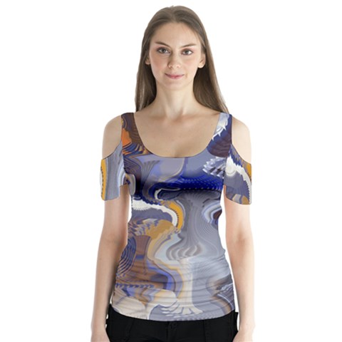 Cobalt Blue Silver Orange Wavy Lines Abstract Butterfly Sleeve Cutout Tee  by CrypticFragmentsDesign