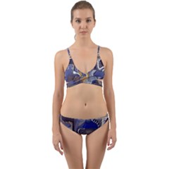 Cobalt Blue Silver Orange Wavy Lines Abstract Wrap Around Bikini Set