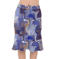 Cobalt Blue Silver Orange Wavy Lines Abstract Short Mermaid Skirt by CrypticFragmentsDesign