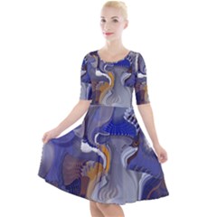 Cobalt Blue Silver Orange Wavy Lines Abstract Quarter Sleeve A-line Dress by CrypticFragmentsDesign