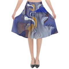 Cobalt Blue Silver Orange Wavy Lines Abstract Flared Midi Skirt by CrypticFragmentsDesign