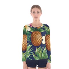 Tropical Pattern Pineapple Flowers Floral Fon Tropik Ananas Women s Long Sleeve Tee