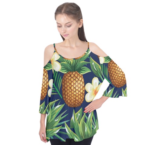 Tropical Pattern Pineapple Flowers Floral Fon Tropik Ananas Flutter Tees by Vaneshart