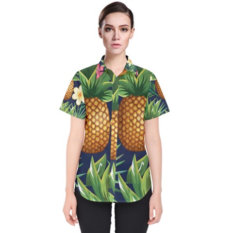 Tropical Pattern Pineapple Flowers Floral Fon Tropik Ananas Women s Short Sleeve Shirt by Vaneshart