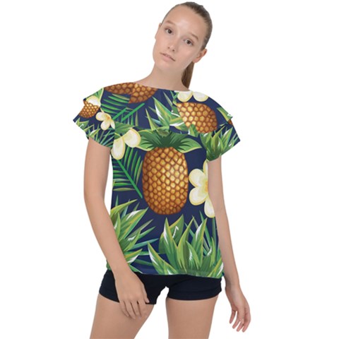 Tropical Pattern Pineapple Flowers Floral Fon Tropik Ananas Ruffle Collar Chiffon Blouse by Vaneshart