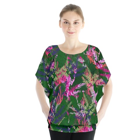 Vibrant Tropical Batwing Chiffon Blouse by Vaneshart