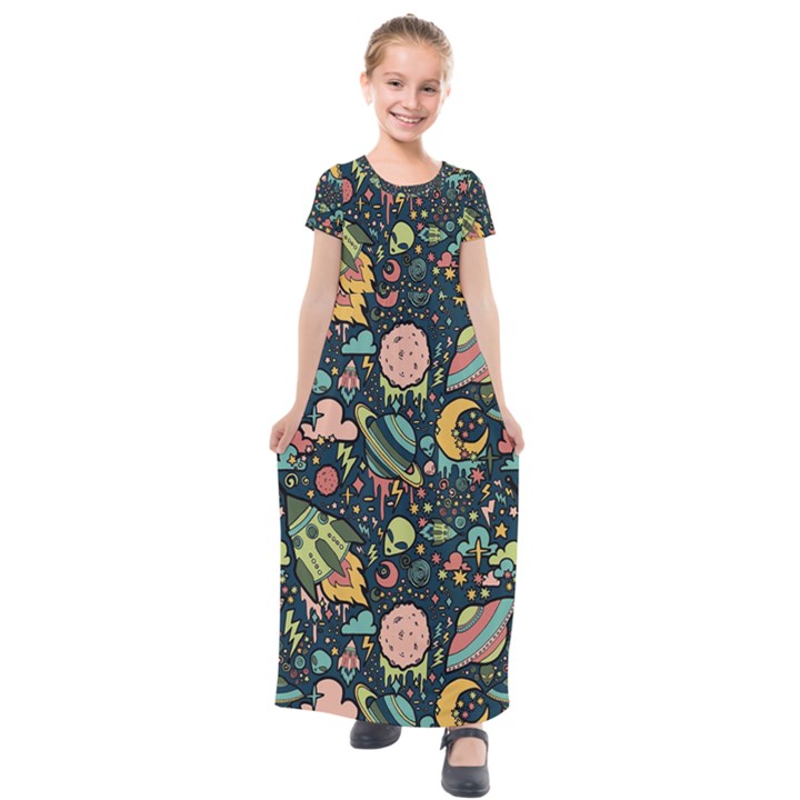 Texture Patterns Aliens Rockets Space Kids  Short Sleeve Maxi Dress