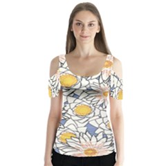 Flowers Pattern Lotus Lily Butterfly Sleeve Cutout Tee 
