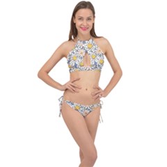 Flowers Pattern Lotus Lily Cross Front Halter Bikini Set