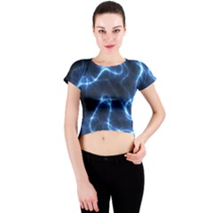 Lightning Electricity Pattern Blue Crew Neck Crop Top by Mariart