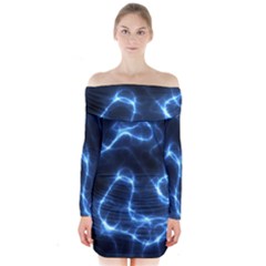 Lightning Electricity Pattern Blue Long Sleeve Off Shoulder Dress by Mariart