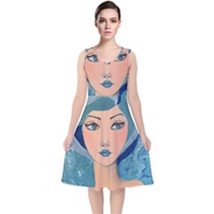 Blue Girl V-neck Midi Sleeveless Dress 