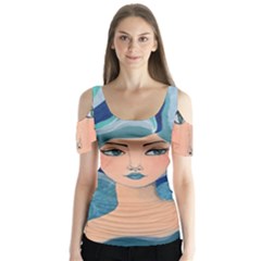 Blue Girl Butterfly Sleeve Cutout Tee 