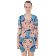 Blue Girl V-neck Bodycon Long Sleeve Dress by CKArtCreations