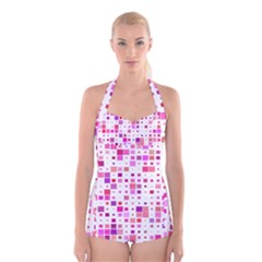 Background Square Pattern Colorful Boyleg Halter Swimsuit 