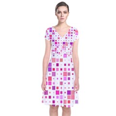 Background Square Pattern Colorful Short Sleeve Front Wrap Dress