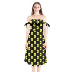 Pattern Yellow Stars Black Background Shoulder Tie Bardot Midi Dress