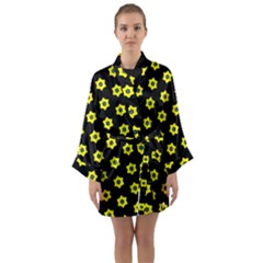 Pattern Yellow Stars Black Background Long Sleeve Satin Kimono by Simbadda