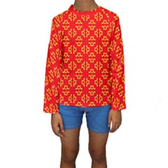 Red Background Yellow Shapes Kids  Long Sleeve Swimwear