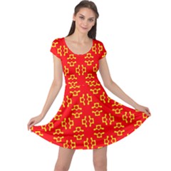 Red Background Yellow Shapes Cap Sleeve Dress
