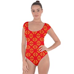 Red Background Yellow Shapes Short Sleeve Leotard 