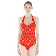 Red Background Yellow Shapes Halter Swimsuit