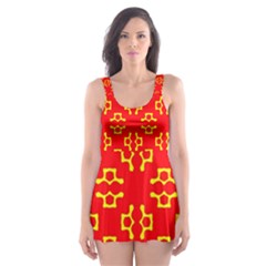 Red Background Yellow Shapes Skater Dress Swimsuit