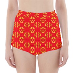 Red Background Yellow Shapes High-Waisted Bikini Bottoms