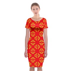 Red Background Yellow Shapes Classic Short Sleeve Midi Dress