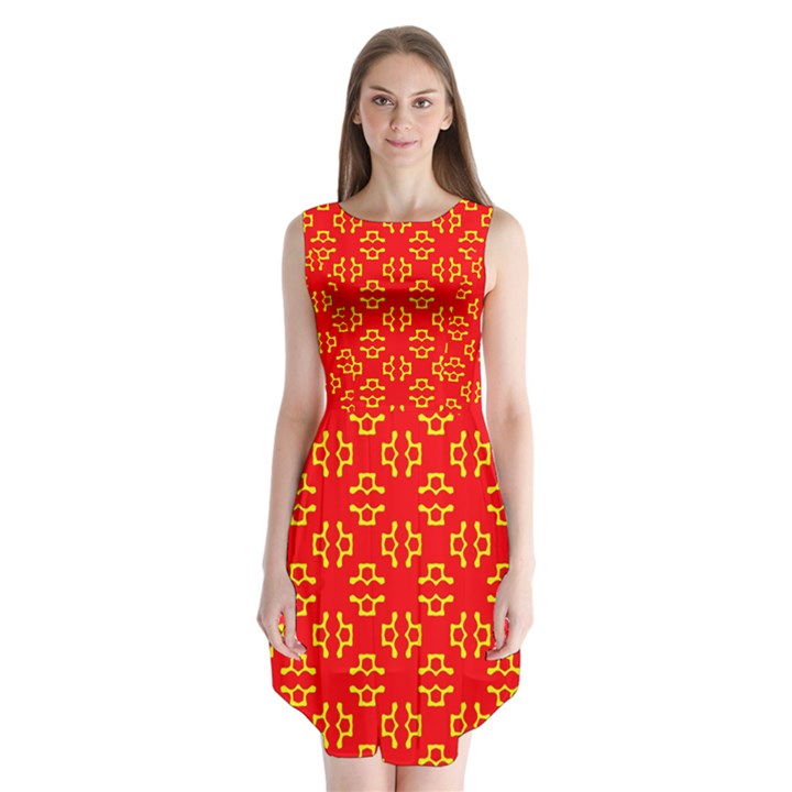 Red Background Yellow Shapes Sleeveless Chiffon Dress  