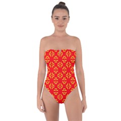 Red Background Yellow Shapes Tie Back One Piece Swimsuit