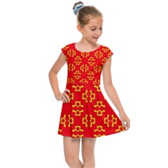 Red Background Yellow Shapes Kids  Cap Sleeve Dress