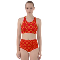 Red Background Yellow Shapes Racer Back Bikini Set