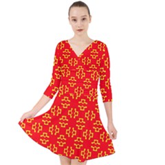 Red Background Yellow Shapes Quarter Sleeve Front Wrap Dress