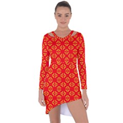 Red Background Yellow Shapes Asymmetric Cut-Out Shift Dress
