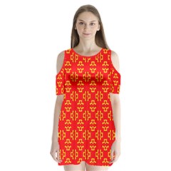 Red Background Yellow Shapes Shoulder Cutout Velvet One Piece