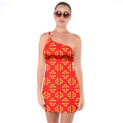 Red Background Yellow Shapes One Soulder Bodycon Dress